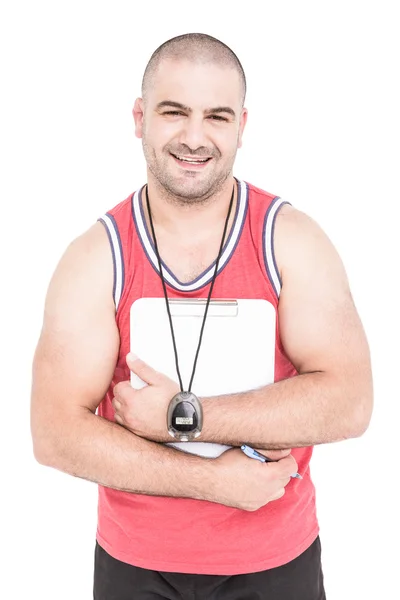 Athlete posing with sport timer and clipboard — Stock Photo, Image