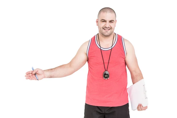 Atleta posando com temporizador esportivo — Fotografia de Stock