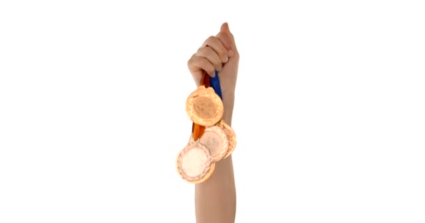 Hände werfen einige Medaillen — Stockvideo
