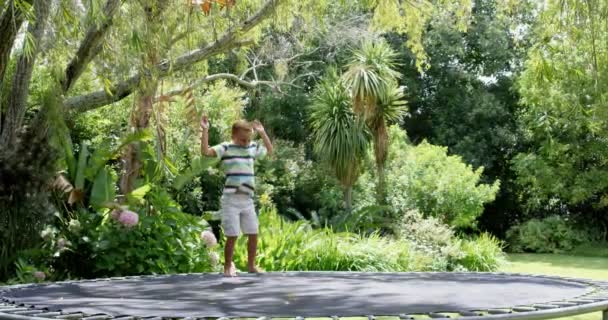 Мальчик прыгает на батуте — стоковое видео