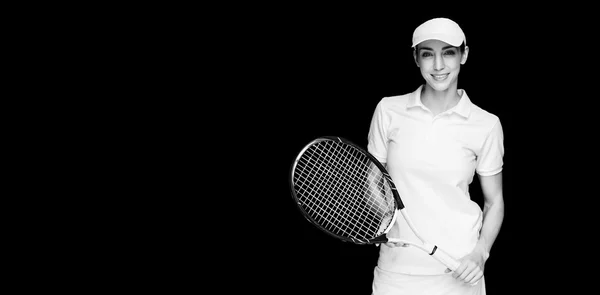 Női sportoló pózol a teniszütő — Stock Fotó