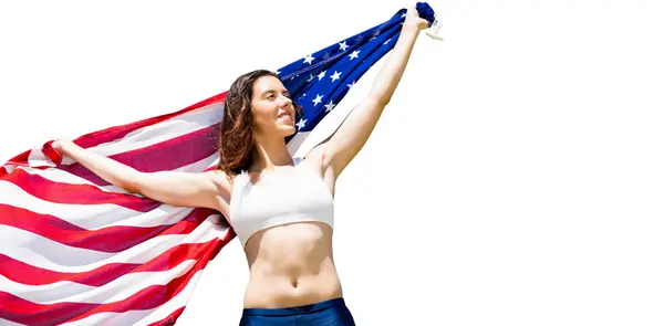 女运动员与美国国旗合影 — 图库照片