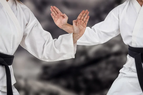 Combate femenino realizando postura de karate — Foto de Stock