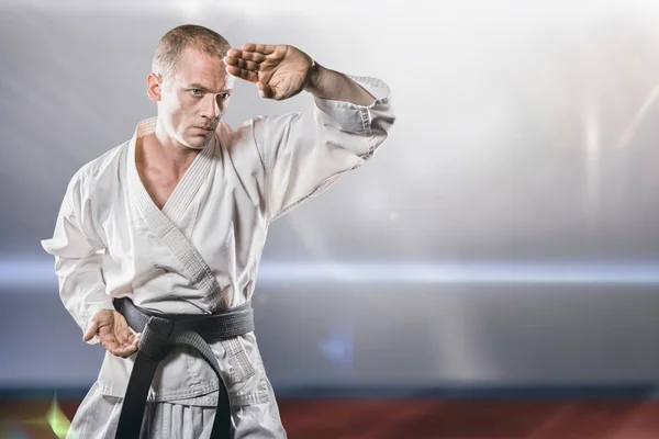 Myśliwiec wykonujący postawę karate — Zdjęcie stockowe