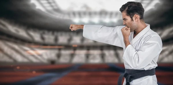 Combatiente realizando postura de karate — Foto de Stock