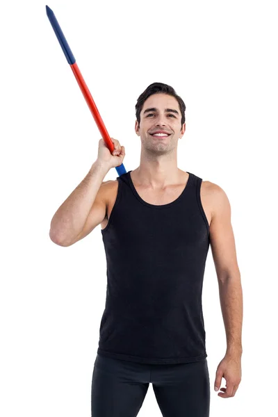 Feliz atleta masculino sosteniendo Javelin — Foto de Stock