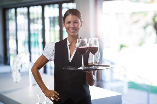 Waitress holding tray with glasses — Stock Photo, Image