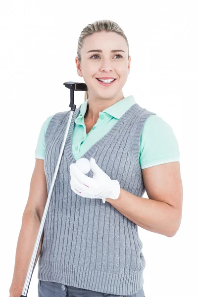 Pretty blonde posing with golf equipment — Stock Photo, Image