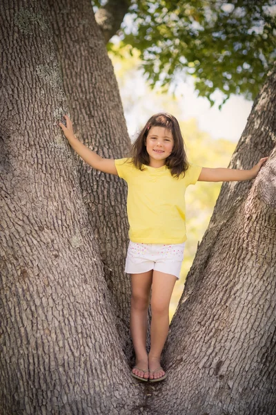 Young girl standing on tree trunk — Stock Photo, Image