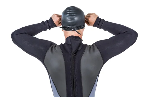 Dikiz wetsuit giyen yüzme yüzücü gözlüğü — Stok fotoğraf