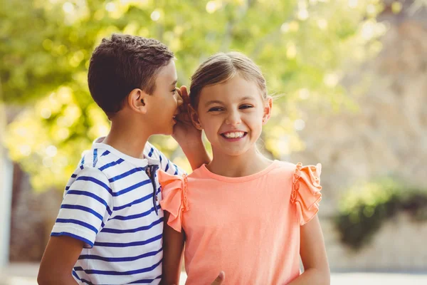 Junge flüstert Mädchen ein Geheimnis ins Ohr — Stockfoto