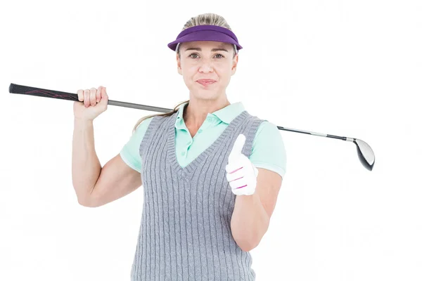 Ładna Blondynka gry w golfa i przedstawienie kciuki w górze — Zdjęcie stockowe