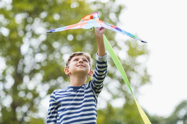 Pojken håller en kite i park — Stockfoto