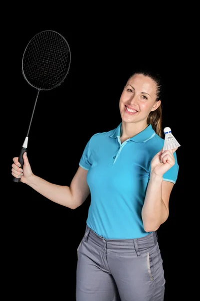 Badminton-speelster holding badminton racket en shuttle — Stockfoto