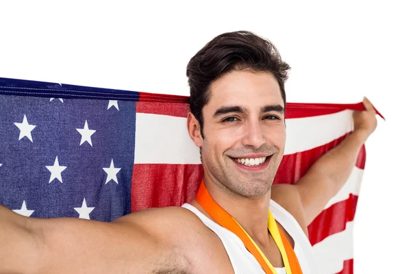 Atleta posando con medallas de oro después de la victoria — Foto de Stock