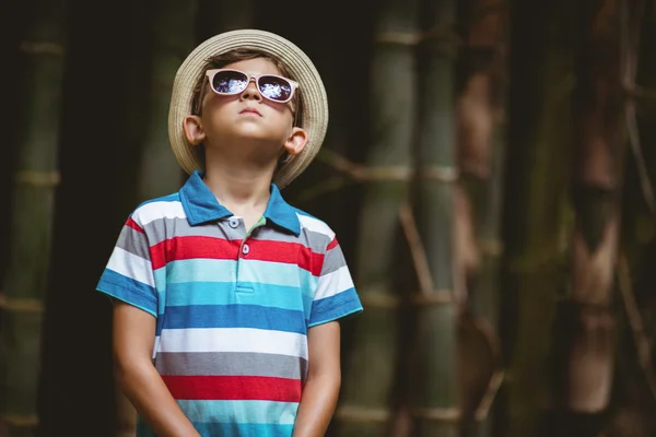 Niño en gafas de sol de pie en el bosque —  Fotos de Stock