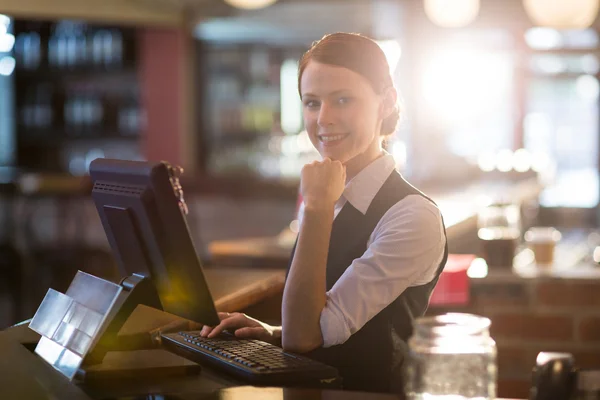 Waitress using a computer — Stock Photo, Image