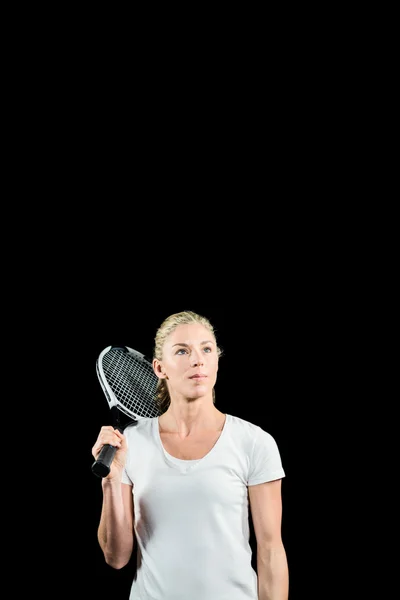 Jogador de tênis feminino posando com raquete — Fotografia de Stock