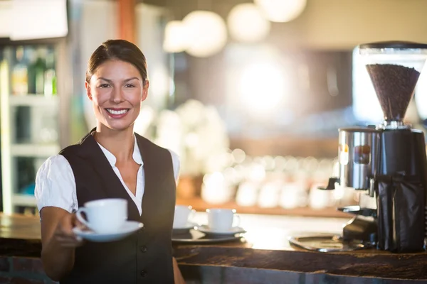 Lächelnde Kellnerin serviert Kaffee — Stockfoto