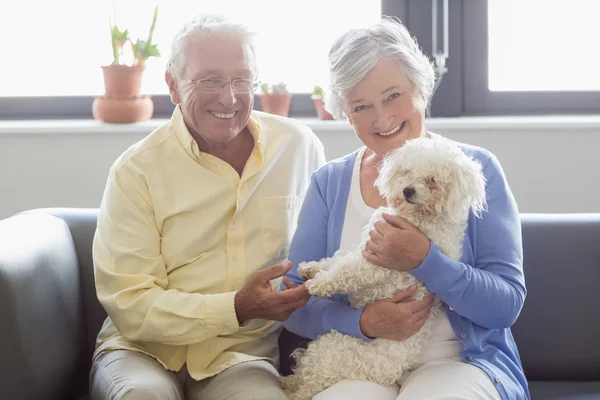 Senior pareja sosteniendo un perro — Foto de Stock