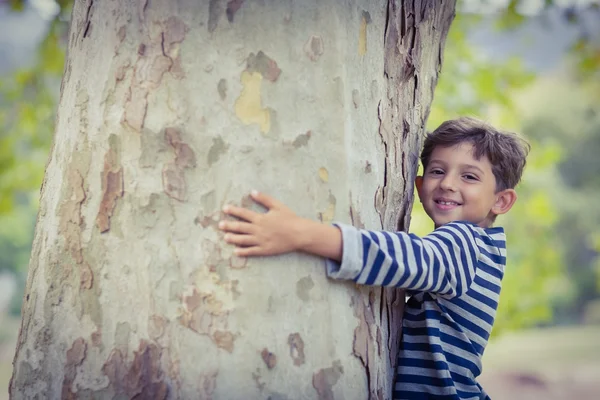 Sonriente niño abrazando tronco de árbol —  Fotos de Stock