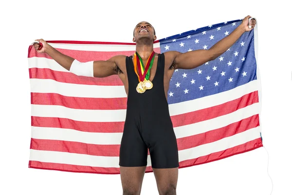 Atleta posando con medallas de oro después de la victoria — Foto de Stock