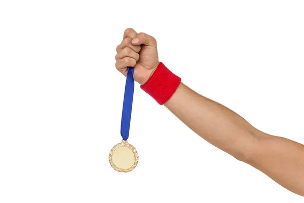 Athlete holding gold medal after victory — Stock Photo, Image