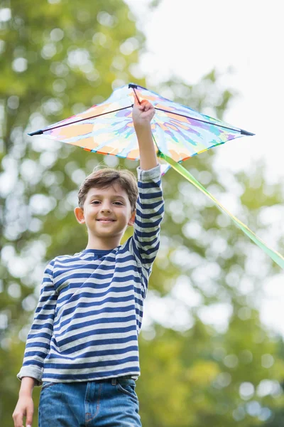 Pojken håller en kite i park — Stockfoto