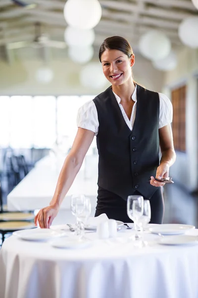 Lächelnde Kellnerin deckt den Tisch — Stockfoto