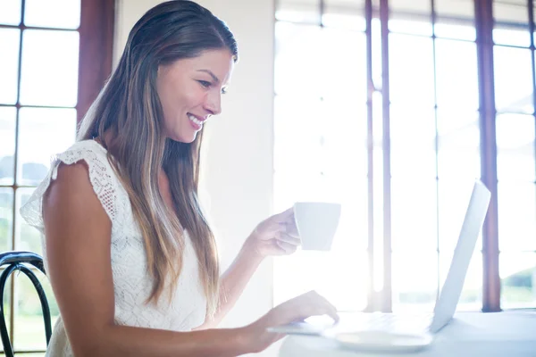 Mulher sorridente usando laptop — Fotografia de Stock