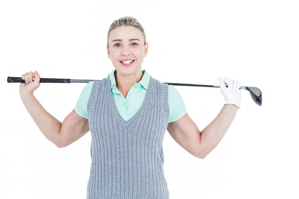 Linda loira posando com equipamento de golfe — Fotografia de Stock