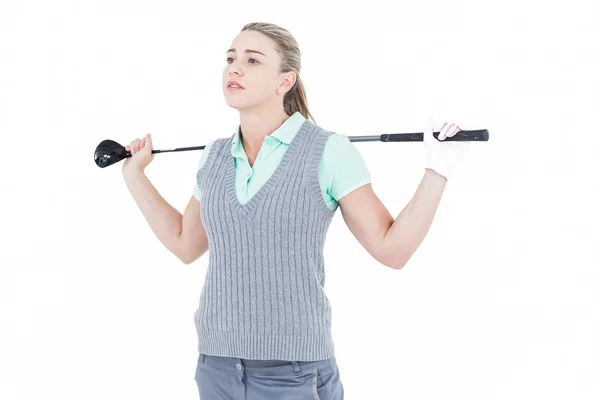 Linda loira posando com equipamento de golfe — Fotografia de Stock