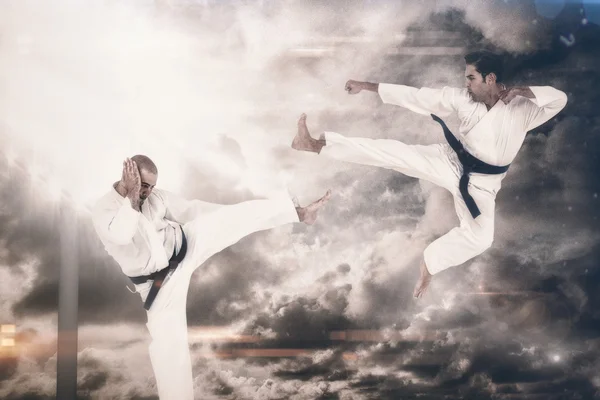 Luchadores que realizan postura de karate — Foto de Stock
