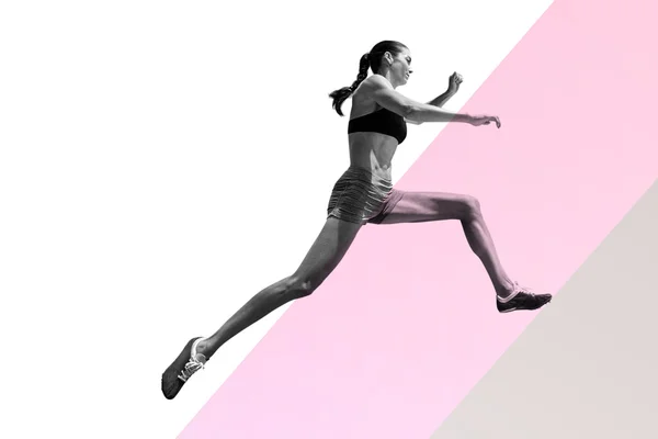 Portiersfrau springt gegen verschiedene Farben — Stockfoto