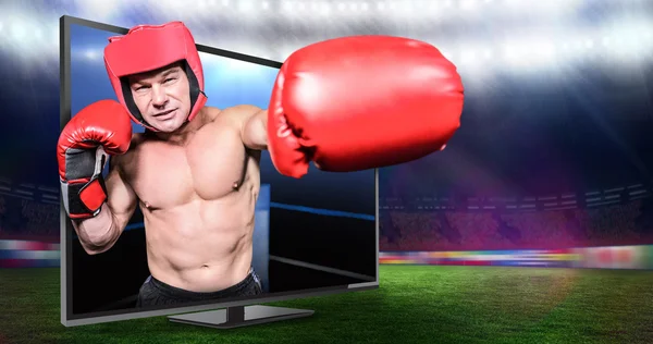Composietbeeld van bokser ponsen tegen zwarte achtergrond — Stockfoto