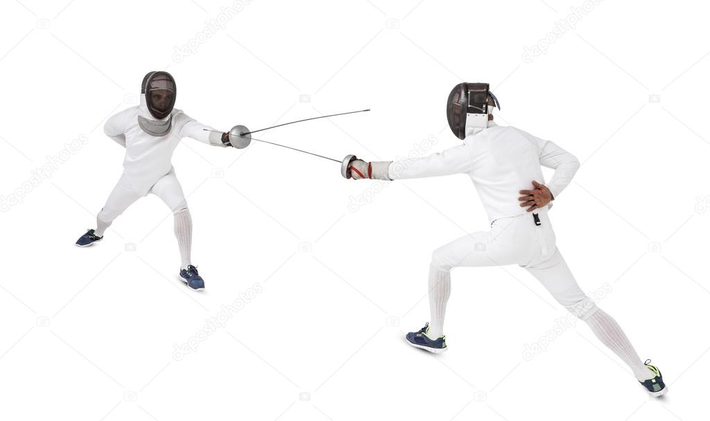 Men in fencing suits practicing with swords Stock Photo by