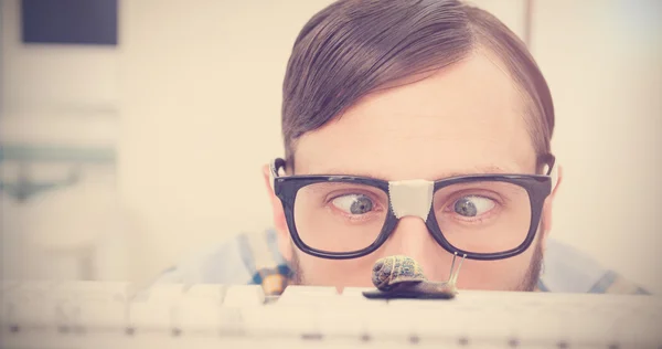 Snail against nerdy businessman — Stock Photo, Image