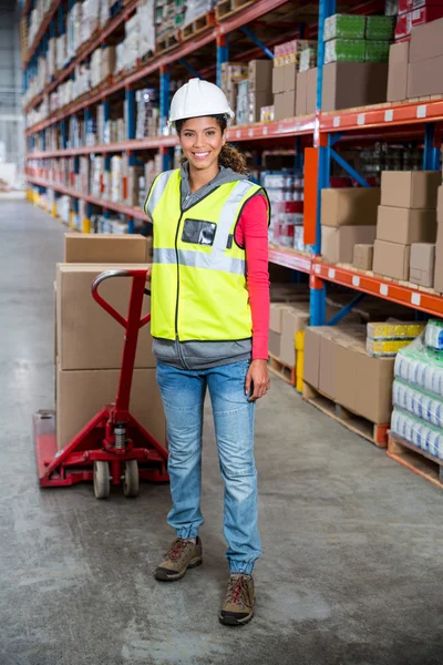 Arbeiter posiert mit Einkaufswagen — Stockfoto