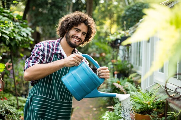 Pewnie mężczyzna ogrodnik podlewanie roślin doniczkowych — Zdjęcie stockowe