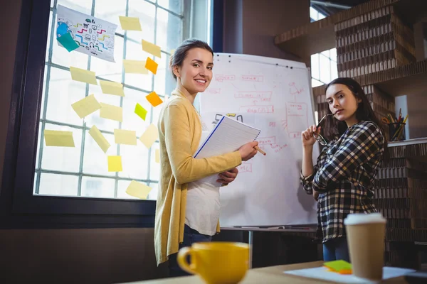 Selbstbewusste Kolleginnen per Whiteboard — Stockfoto