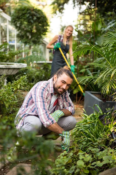 Giardiniere con collega in giardino comunitario — Foto Stock