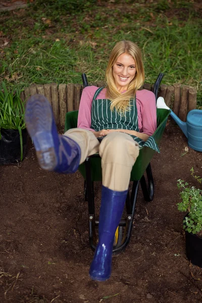Gardener sitting in wheelbarrow at garden — Stock Photo, Image