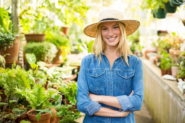 Jardinero femenino en invernadero — Foto de Stock