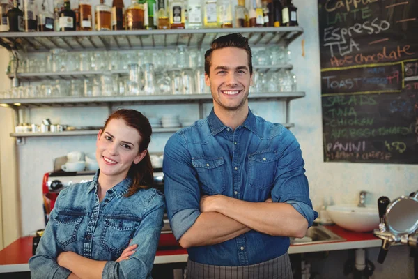 Happy co-workers at cafeteria — Stock Photo, Image