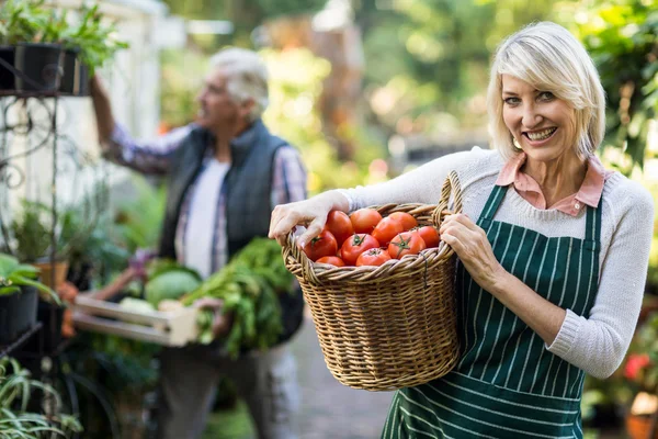 Jardineiro que transporta tomates em cesta de vime — Fotografia de Stock