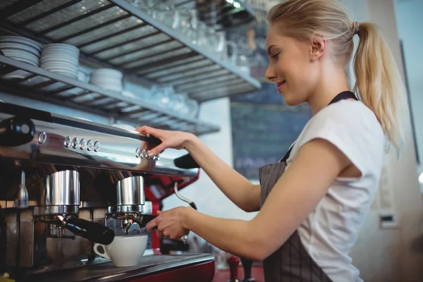 Servitrisen med kaffebryggare på café Stockfoto