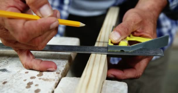 A hangsúly a carpenter dolgozik a keze — Stock videók