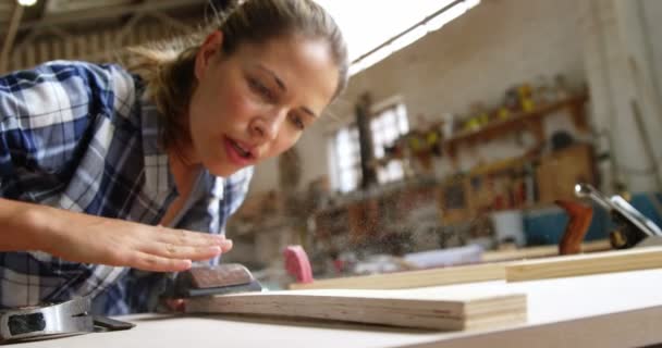 Beautiful carpenter blowing on wooden plank — Stock Video