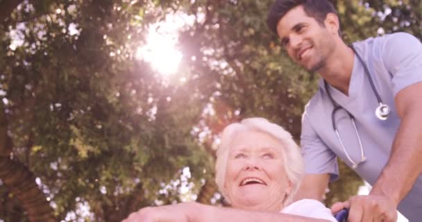 Médecin aidant femme âgée en fauteuil roulant — Video