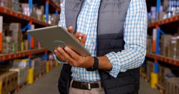 Warehouse worker using his tablet — Stock Video